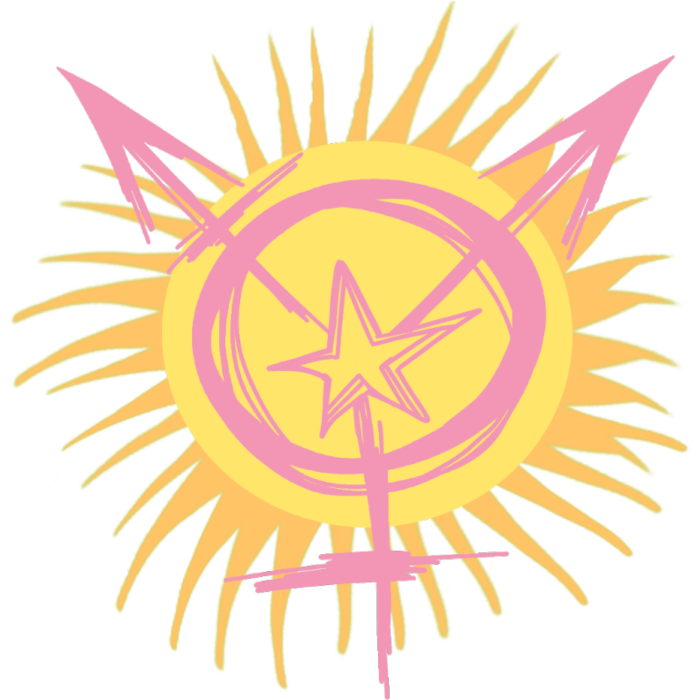 An illustration of the transgender symbol in light pink, in the middle of the circle there's a star connecting each line, behind it is a drawing of the sun.